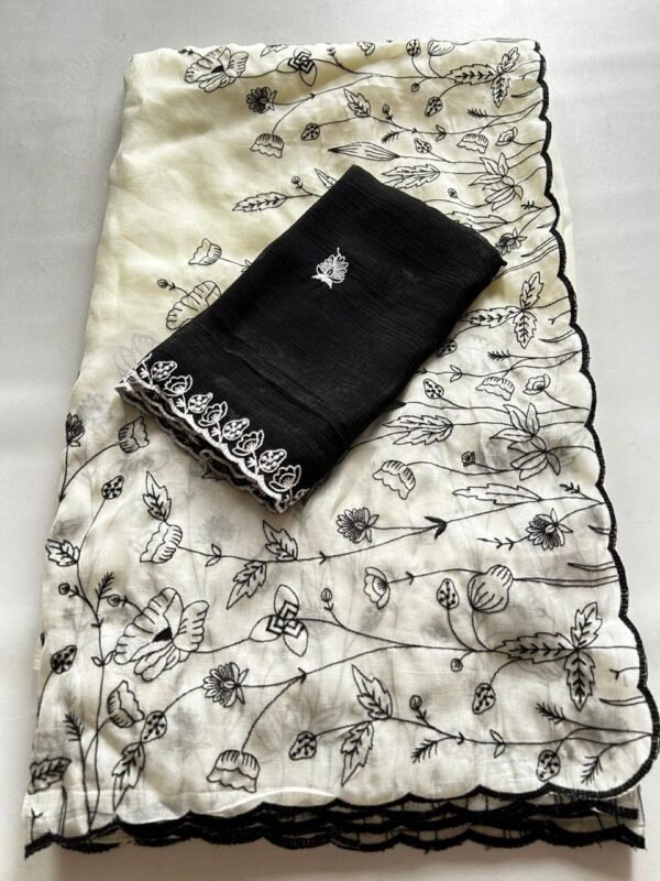 Fenday Satin Embroidery Cutwork Saree