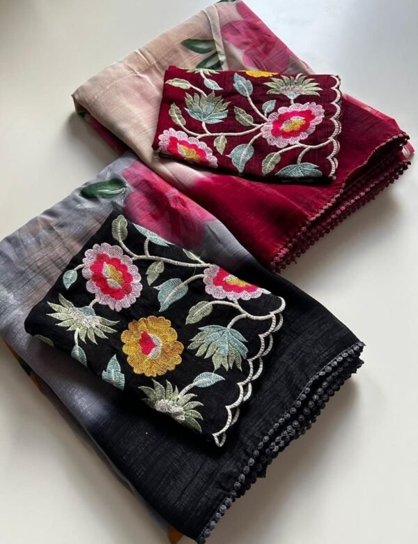 Beautiful Hand Painted Saree With Embroidery Work Blouse