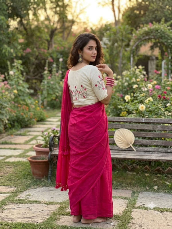Khadi Cotton Saree With Stiched Embroidery Work Blouse