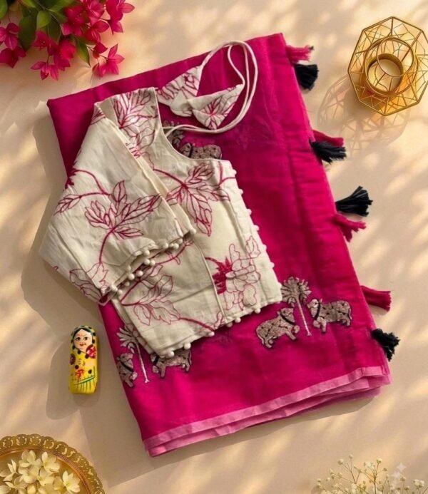 Premium Chanderi Cotton Saree With Stiched Blouse