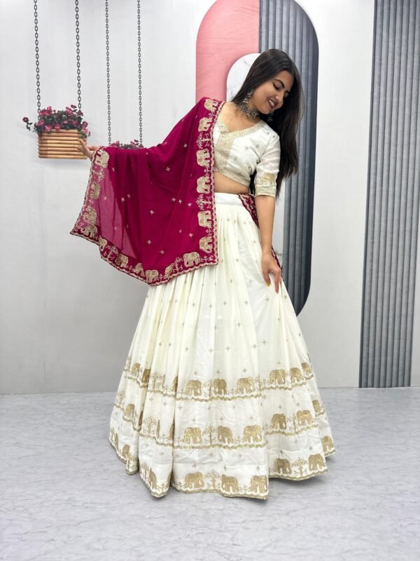 Pure Chinnon Embroidery Work Free Size Lehenga