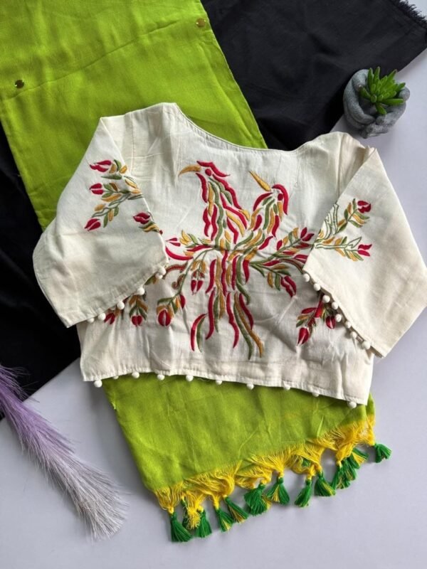 Khadi Cotton Saree With Khadi Cotton Embroidery Work Stiched Blouse
